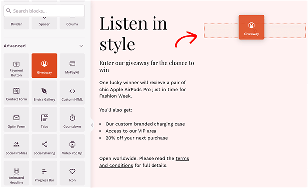 SeedProd editor with RafflePress Giveaway block added to a landing page