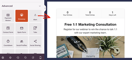 SeedProd page builder using RafflePress giveaway entry widget block