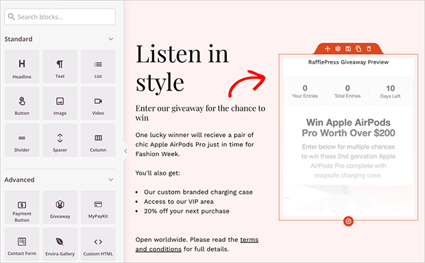 Preview of RafflePress giveaway widget with prize details and entry form