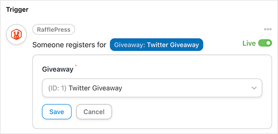 rafflepress-uncanny-automaor-integration - RafflePress A screenshot of RafflePress giveaway trigger in Uncanny Automator