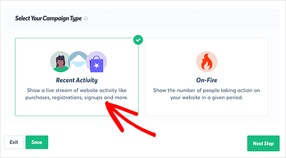 Choosing 'Recent Activity' as the campaign type in TrustPulse