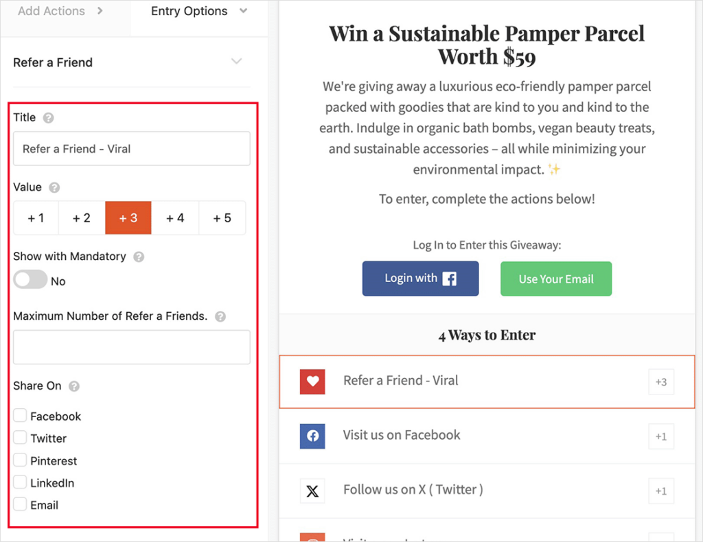 RafflePress Refer-a-Friend feature settings for referral campaigns