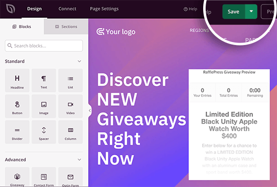 Save WordPress landing page design in SeedProd editor