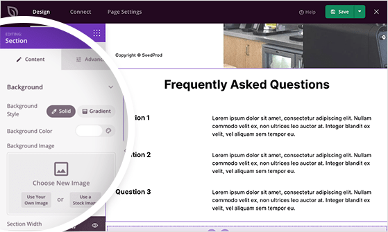 Editing FAQ section content and design settings in SeedProd