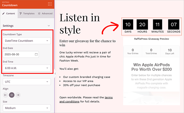 SeedProd editor showing countdown timer block added to a giveaway page