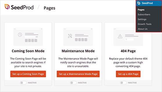 SeedProd dashboard showing Coming Soon, Maintenance Mode, and 404 Page options