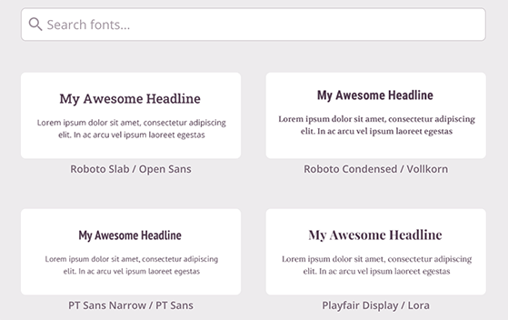SeedProd font theme library showing pre-designed font combinations