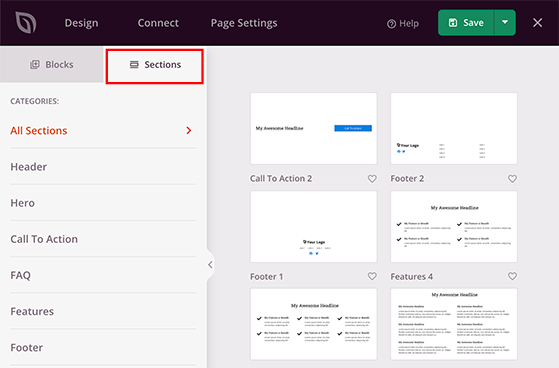 vailable page sections in SeedProd for headers, FAQs, CTAs, and more