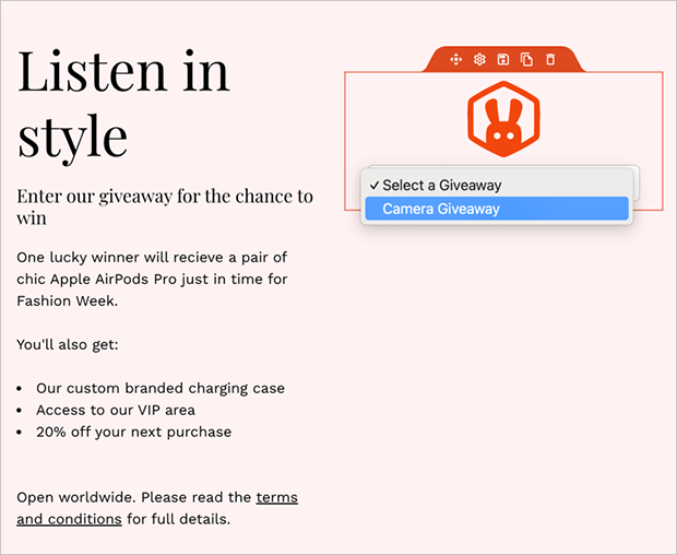 Dropdown menu in SeedProd to select a RafflePress giveaway