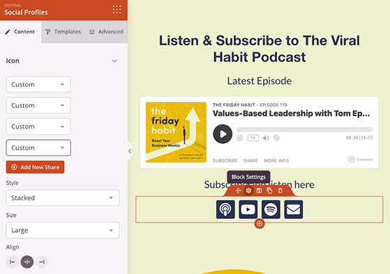 Add podcast platform links like Apple, Spotify, and Google using the Social Profiles block in SeedProd