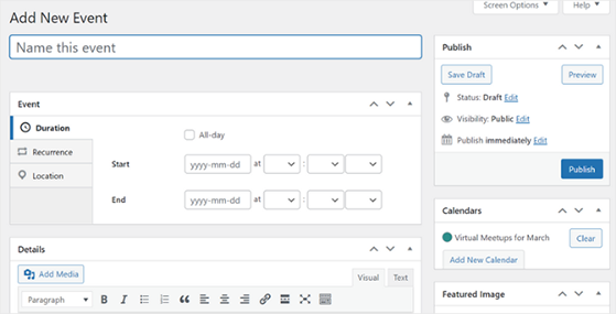 Add an event to your WordPress calendar with title and details
