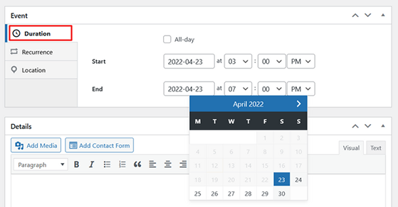 Set event date, time, and recurrence in Sugar Calendar