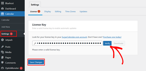 Enter your Sugar Calendar license key to activate the plugin