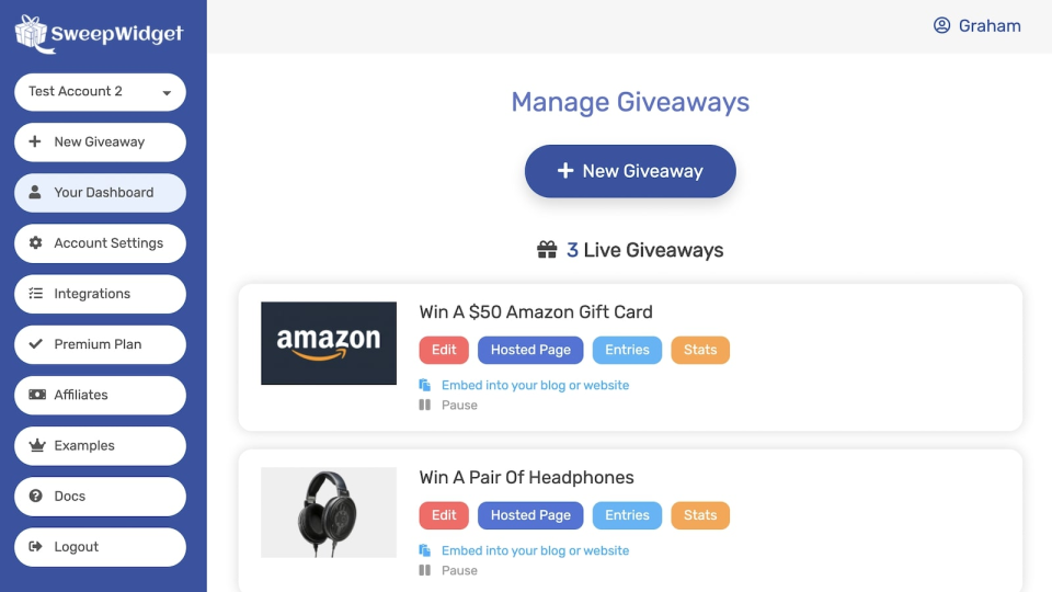 SweepWidget viral contest software dashboard”