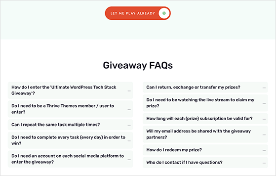 Frequently asked questions section used on giveaway landing page