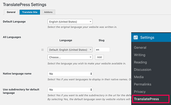TranslatePress General settings