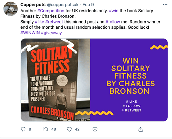 Twitter book giveaway example with follow and retweet actions