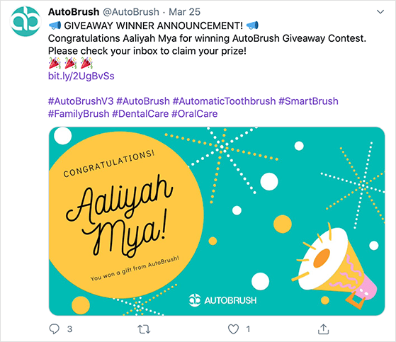 Twitter giveaway winner announcement tweet