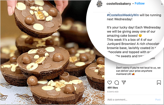 Weekly Instagram giveaway by bakery offering free cupcake box to followers