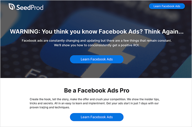 Example of a high-converting Facebook landing page built with SeedProd