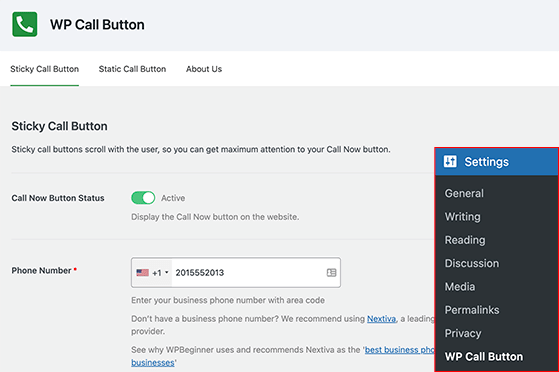 wp-call-button-settings - RafflePress WP Call Button settings page