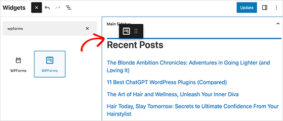 Choose the WPForms widget and add it to the sidebar