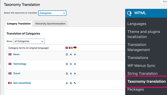 WPML taxonomy translations for categories