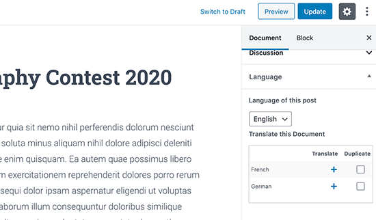 Translate content via the WordPress editor