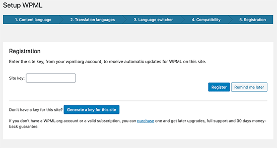 Generate a sitekey for WPML