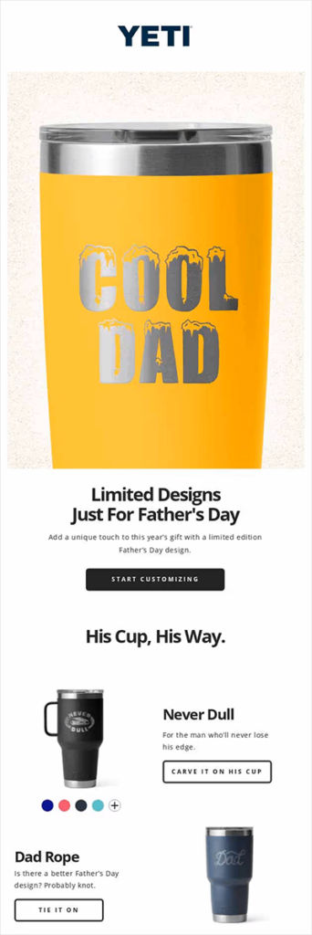 Yeti father's day email campaign example