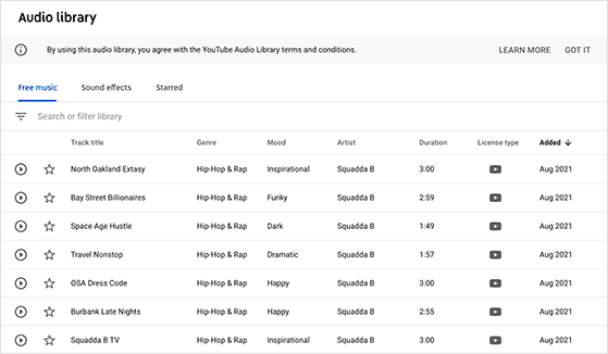 Copyright-free music from YouTube Audio Library for content creators