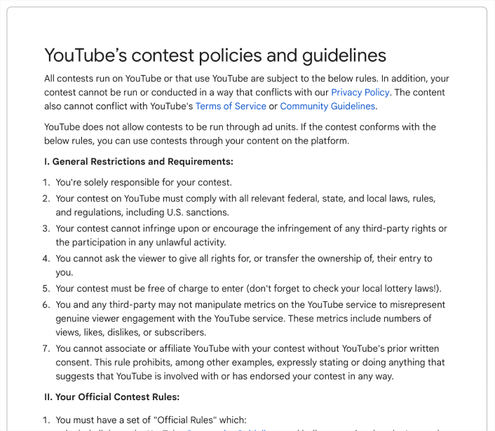 YouTube-Contest-Policies-and-Guidelines - RafflePress YouTube contest rules infographic with key policy reminders