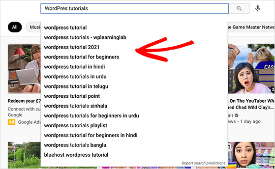 Using YouTube autocomplete predictions to find video keywords