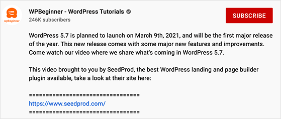 Example of an optimized YouTube video description with keywords and links